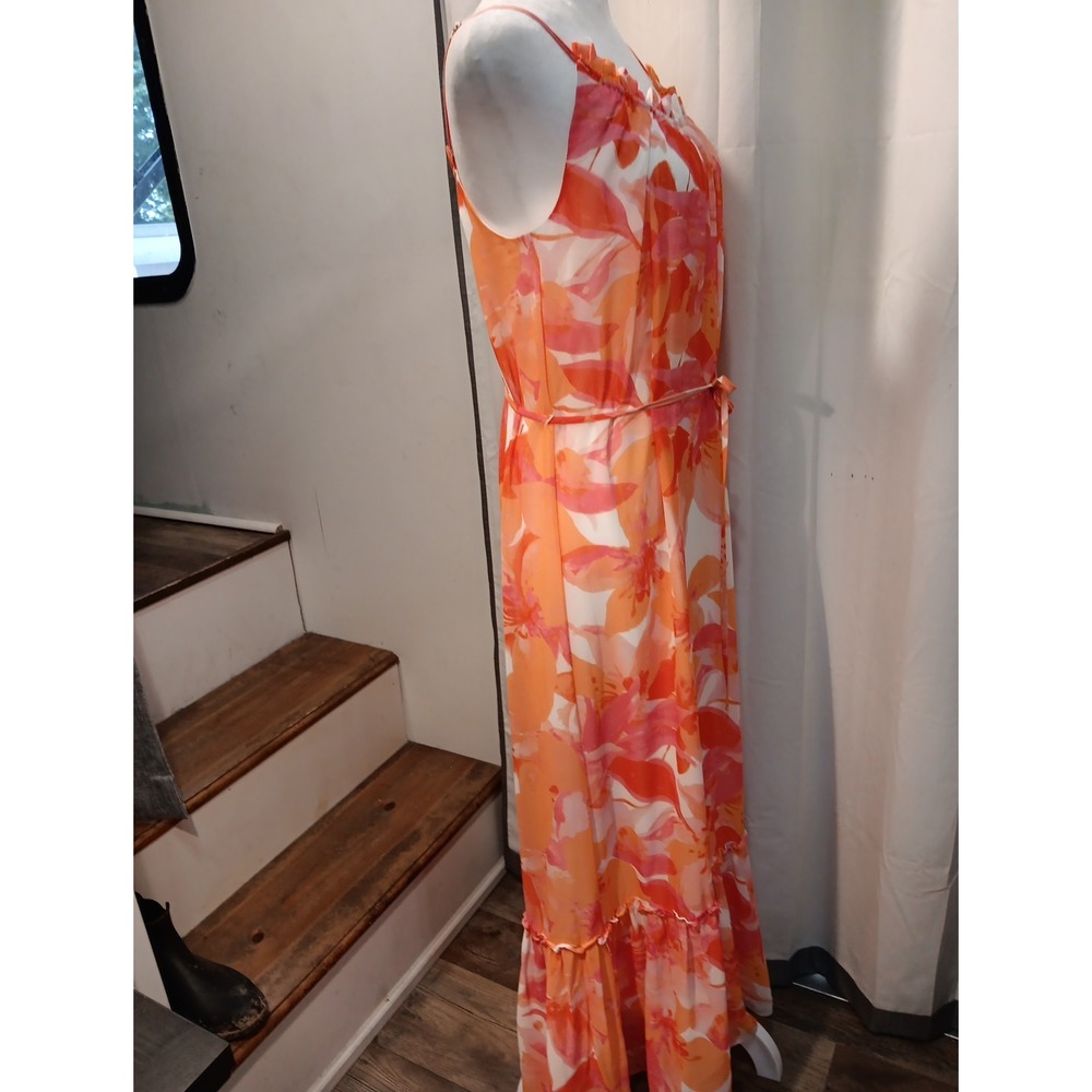 Nicole Miller Tropical Sheer Tiered Maxi Dress Belted Floral Boho XS - Picture 8 of 13